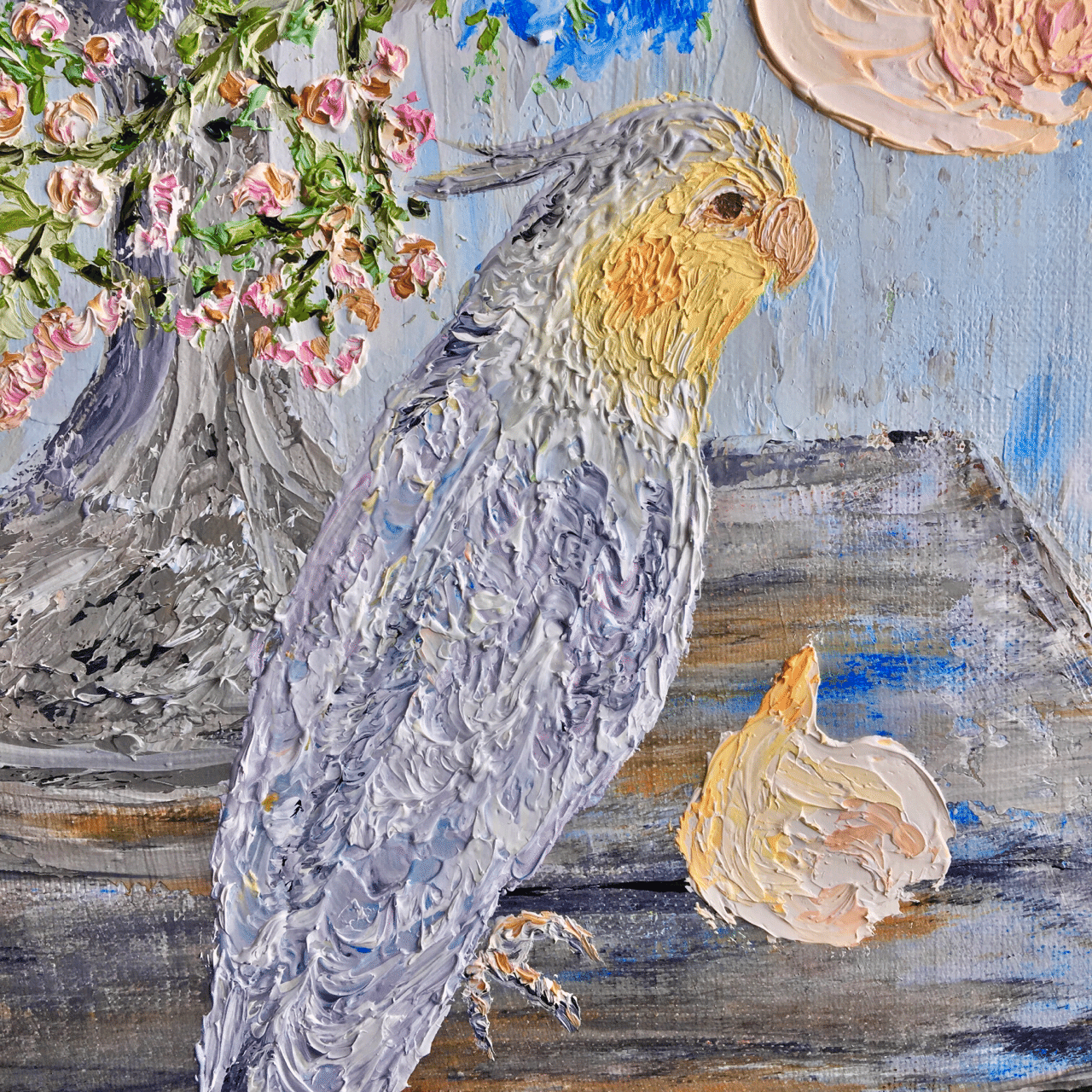 油絵　専用　ジニアがいっぱい ジニアと小鳥の絵を描きました| 芸術 絵画｜雨星立夏 Rikka Amahoshi