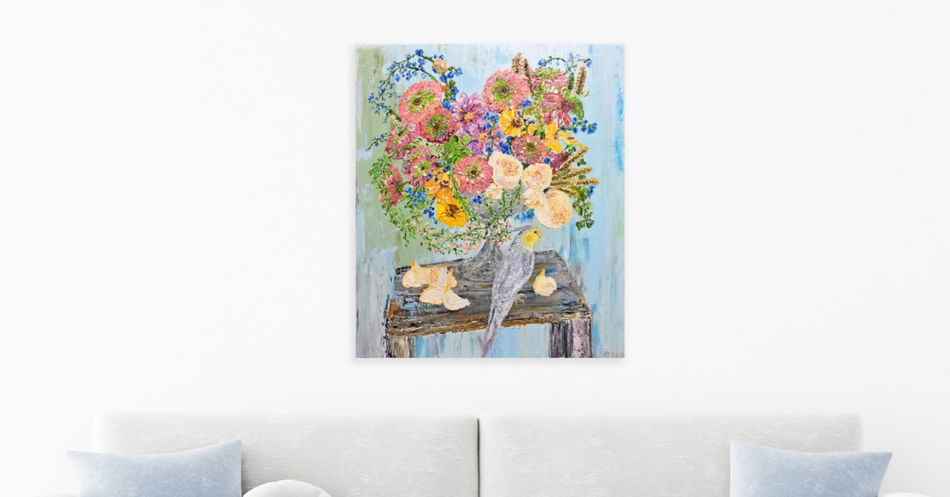 ジニアと小鳥の絵を描きました| 芸術 絵画｜雨星立夏 Rikka Amahoshi