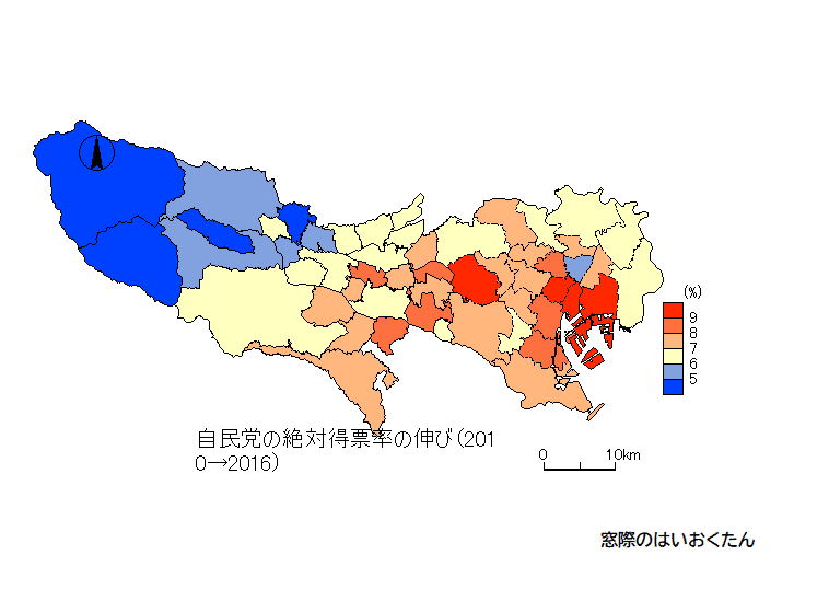 自民党絶対得票率の伸び（2010→2016）