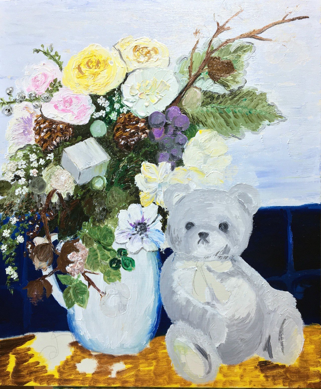 美しい油彩画 花のアレンジメント 油絵「銀色テディと冬の花」ができるまで｜芸術 絵画｜雨星立夏
