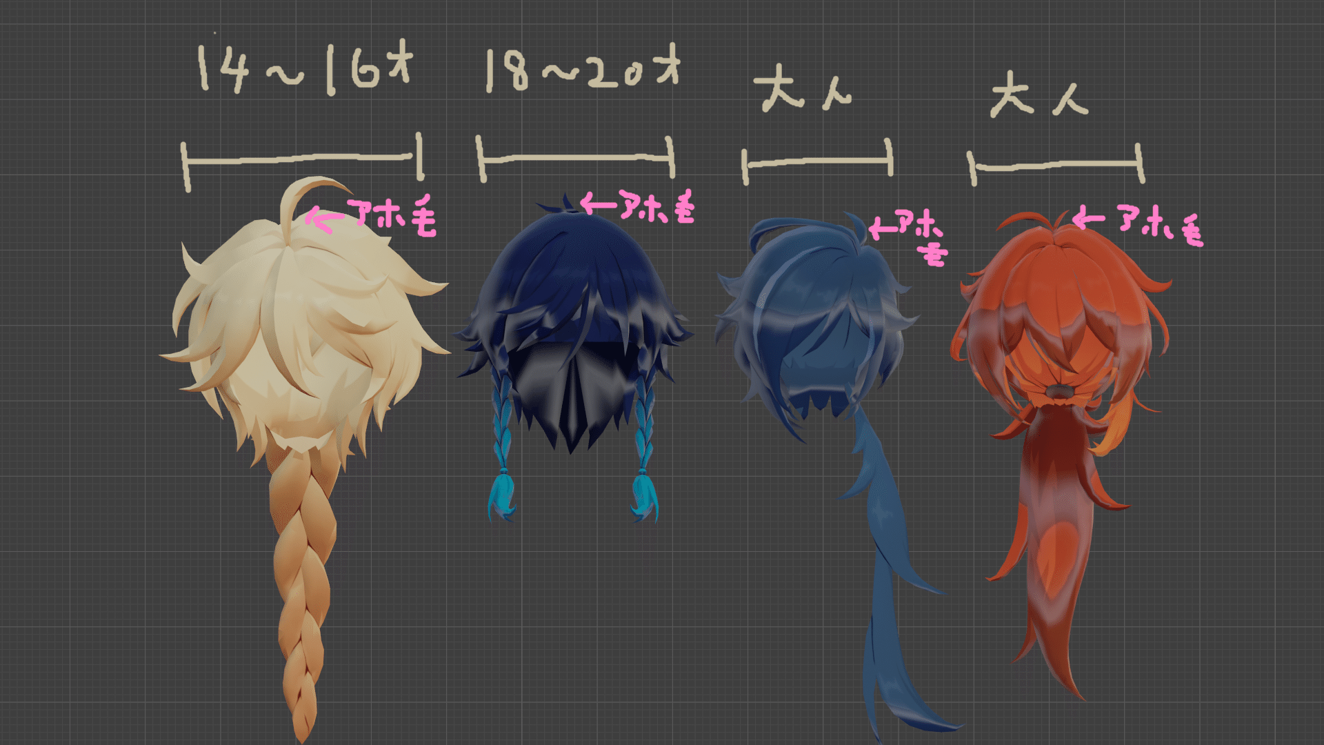 髪の毛 原神3dキャラクター14体をガン見して気が付いたこと Blender Maken Note