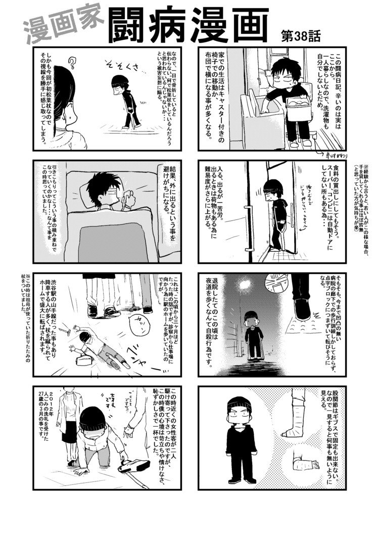 初の松葉杖による、社会的弱者の日々の始まり。それは今までの生活基準では考えられない連続。