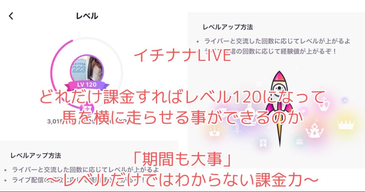 イチナナlive どれだけ課金すればレベル120になって馬を横に走らせる事ができるのか 期間も大事 レベルだけではわからない課金力 223 Note