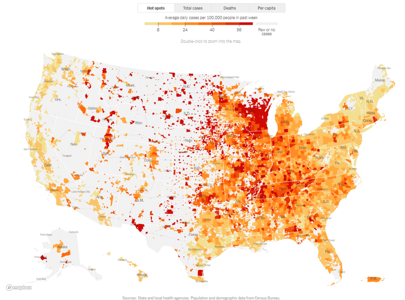 写真　米国の感染マップ　ＮＹＴ紙
