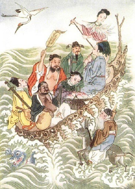 仙人　七福神　八仙絵図、船尾から右回りで何仙姑、韓湘子、藍采和、李鉄拐、呂洞賓、鍾離権、曹国舅、船外に、張果老