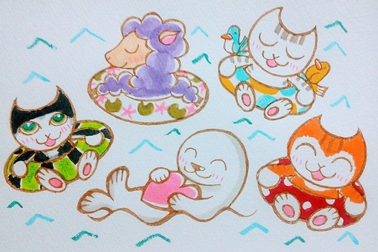 『ラッコさんと浮き輪プカプカ』
波が静かになった眠りの海を
動物さんたちとプカプカ。
この間、コメントをくれたお礼です😆
どれかわかりますか？
急いで描いたので雑になってごめんなさい🙇
dot.さんもゆっくり休んでいますよ🎵