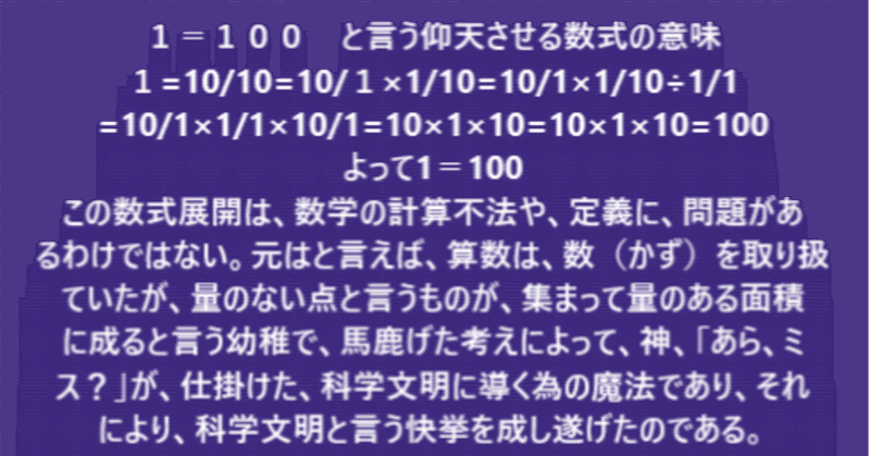 紹介B0001！数理ミラクル、数理解体のもたらす意義!数学科学を無駄にせず！割り算の仕組みを利用し、科学式、数式を滑稽な程、馬鹿げた解に導く事に色々と成功してきたが、遊びや、自慢をする為に、行なってきたのではない。これらは、れっきとした、未来科学、未来数学に向けての、序式であるのである。