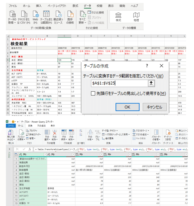Excel のpower Query エディタを使って 献血した時の血液検査結果を表にしてみた オクターブ ラボ Note