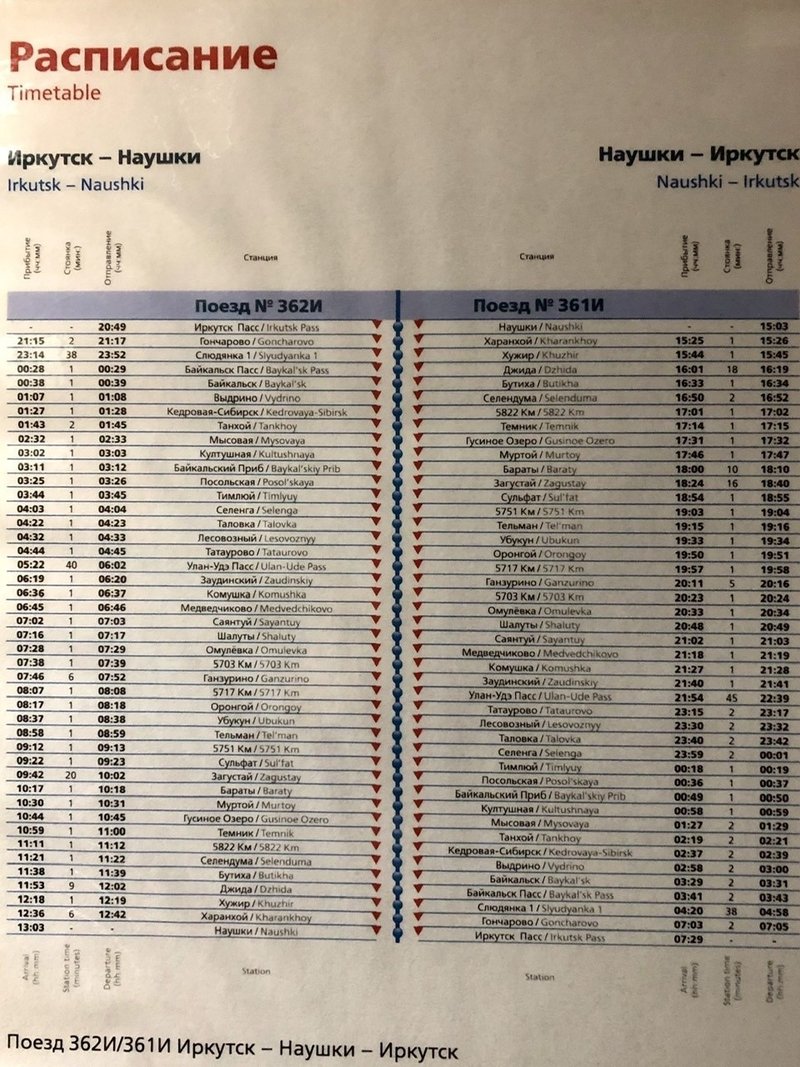 シベリア鉄道の時刻表の写真
