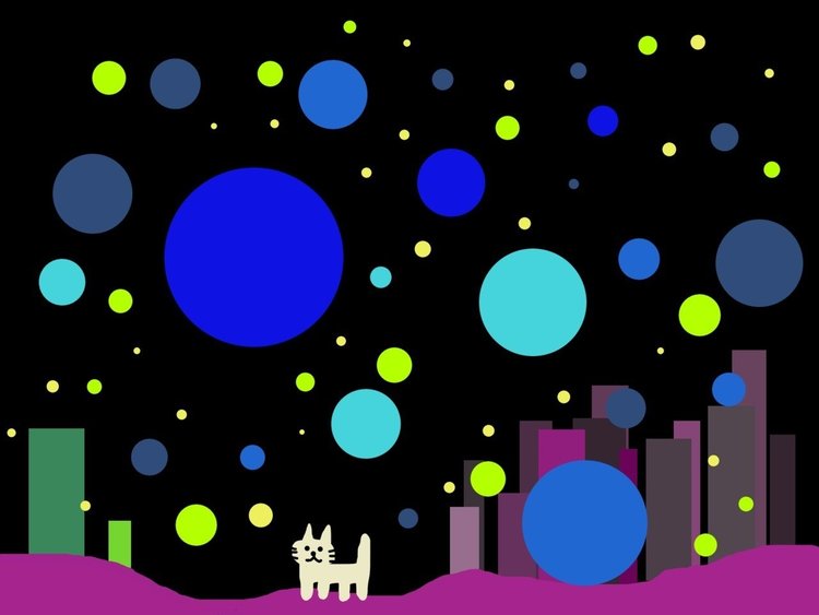 「おねこさんの宇宙都市」というタイトルで描いたゆる絵です。
