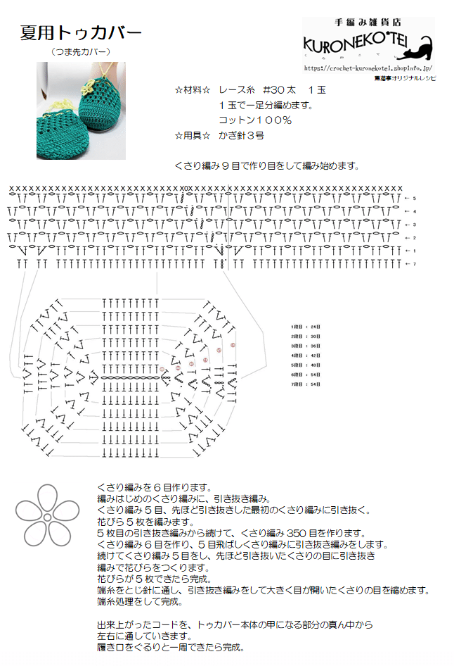 かぎ針編みのトゥカバー つま先カバー 編み図 Kuroneko Tei 黒猫亭 Note