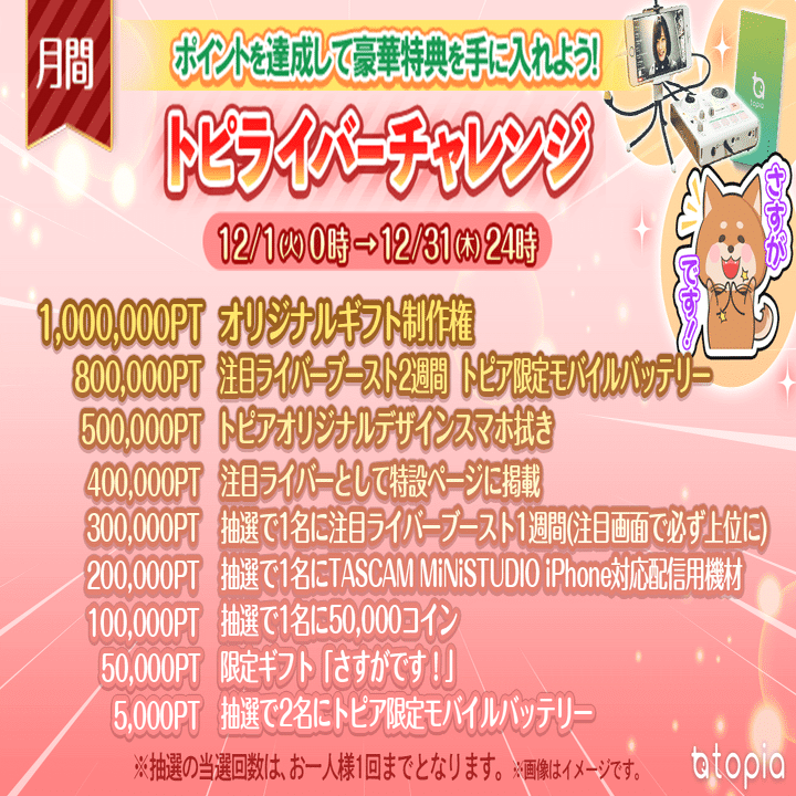 月間トピライバーチャレンジキャンペーン12 1 12 31 トピア Note