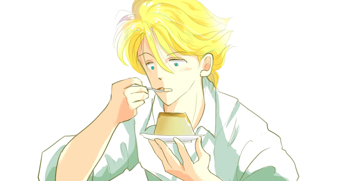 プリンを食べるネクタイなしやや口下目