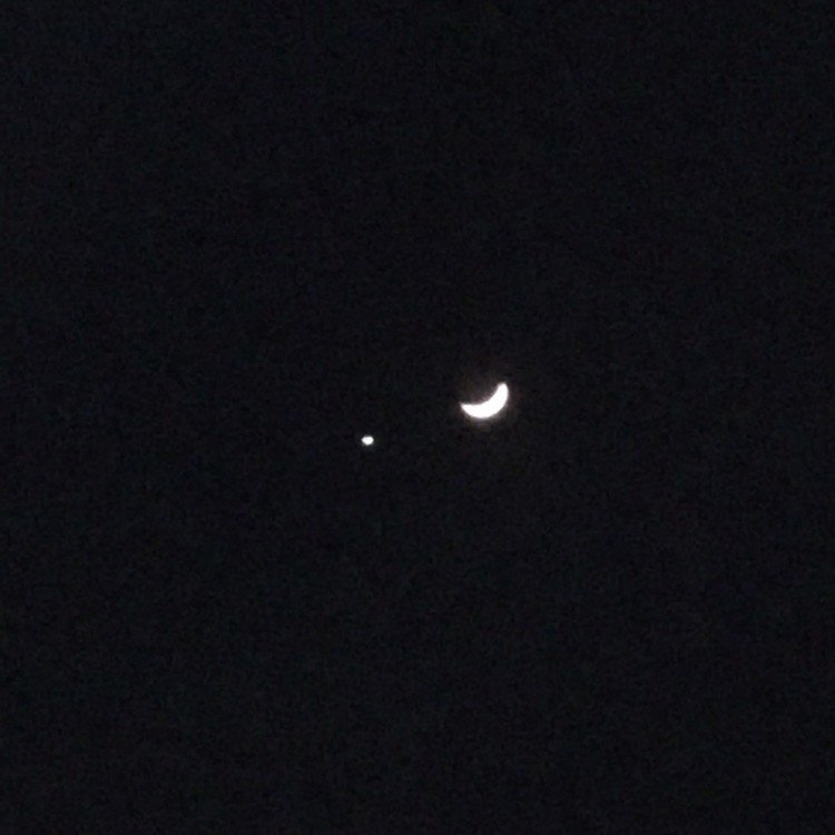 昨夜あちこちで話題になってた月と金星。iPod Touchのカメラではこれが限界。火星がこの左上方向にあるはずなんだが見えなかった。