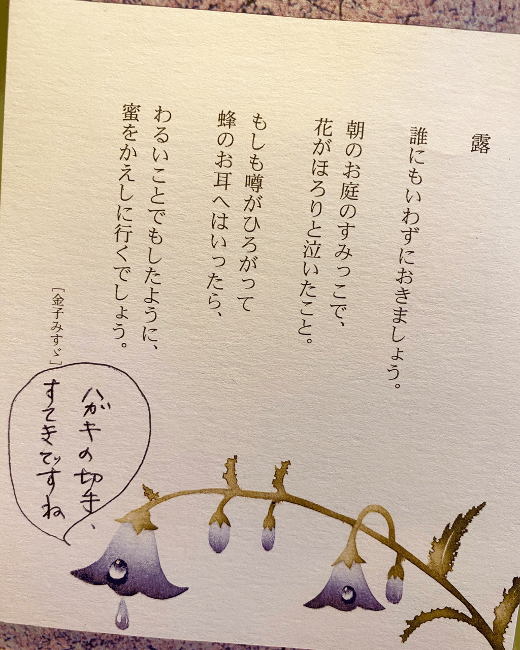 いただいたお手紙に 金子みすゞさんの詩 優しい世界に涙が止まらない 金子みすゞ 露 Zabesu Note