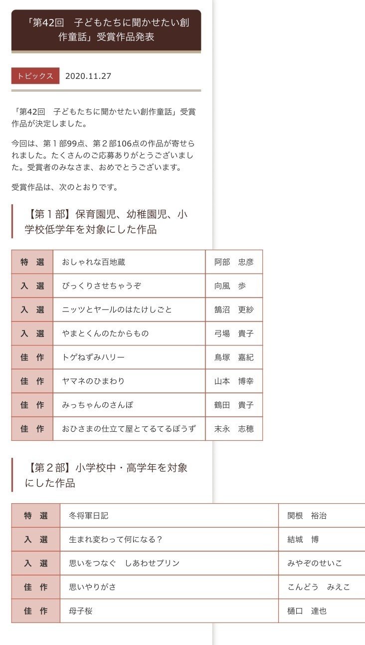 第42回子どもたちに聞かせたい創作童話 にて特選を受賞致しました 関根裕治 Note 第42回子どもたちに聞かせたい創作童話 にて特選を受賞致しました 関根裕治 Note