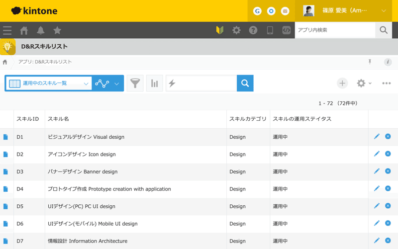 画面キャプチャ：kintoneのアプリのレコード一覧。スキルがリスト化され一覧できる状態。