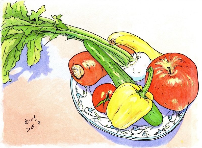 静物スケッチ（野菜と果物）（彩色）