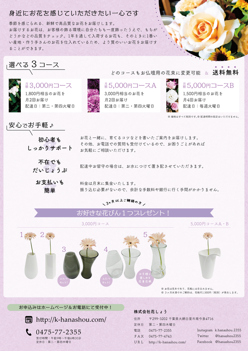 お花の定期便ご案内チラシ わたせあつみ 絵とデザインとときどき芝居 Note