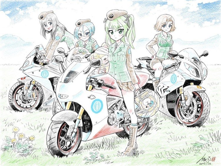 ガルパン劇場版から大学選抜チームを描きました。愛里寿のバイクがわかる人いるかな？