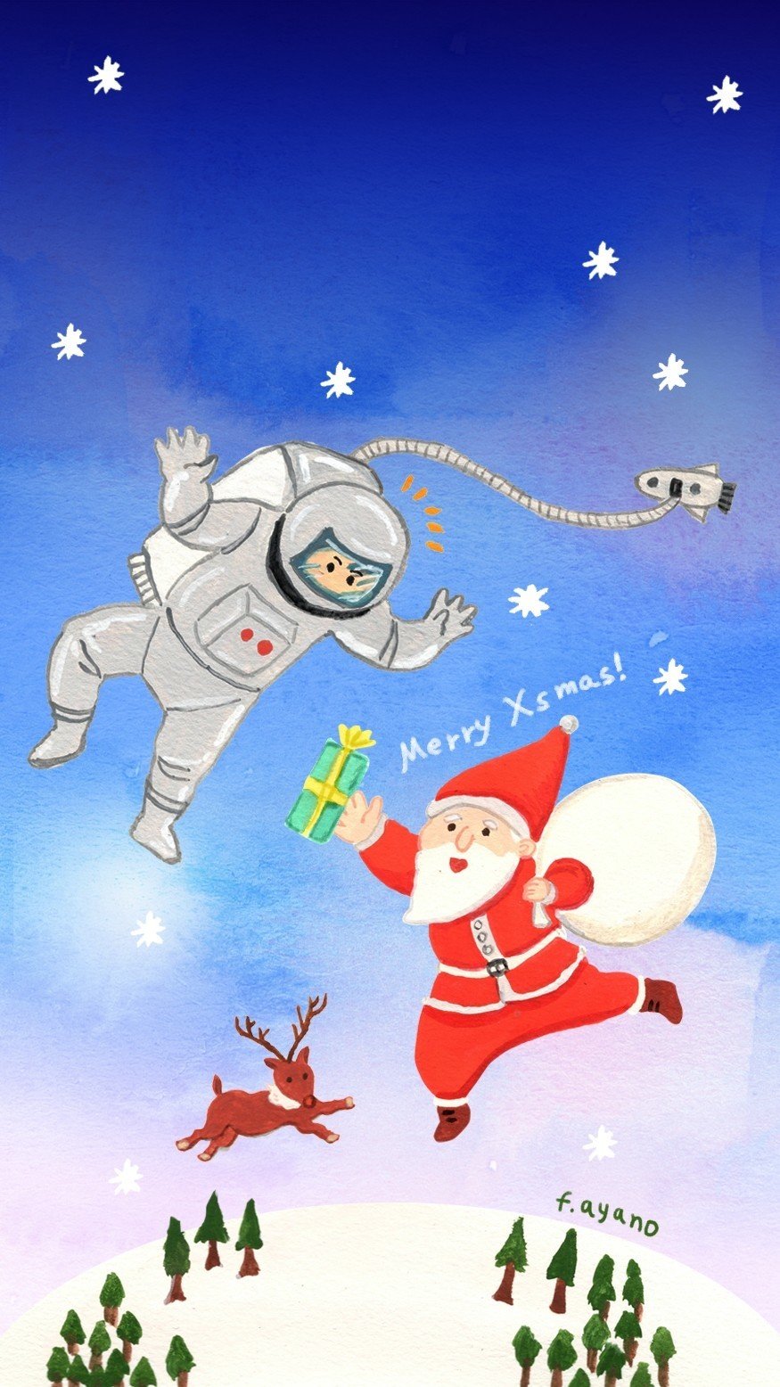 ちょと早いですがクリスマスのイラスト描きました 今年はサンタさん 宇宙まで出張です こちらiphoneなど携帯壁紙サイズで作りました 私のtwitterなどから画像ダウンロードしていただけます 個人でお 福井彩乃 イラストレーター Note