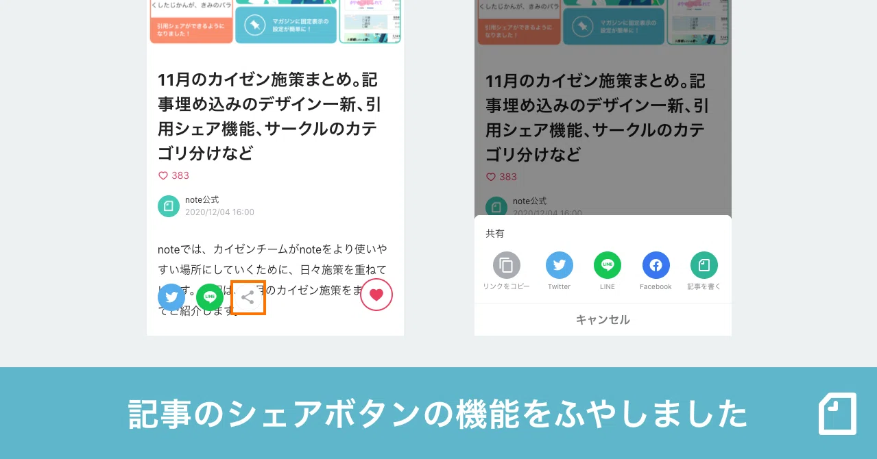 記事リンクのコピーや Noteで書く など シェアボタンから選べる機能がふえました Note公式 Note