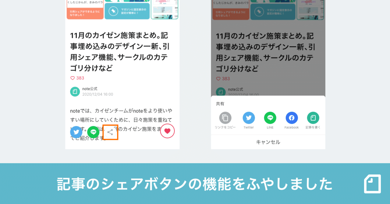 記事リンクのコピーや「noteで書く」など、シェアボタンから選べる機能がふえました｜note公式, image size:1280x671