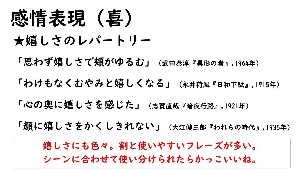 今日の１分文学ゼミは 感情表現 喜 語彙はいくらあってもいい 嬉しい は程度や強調具合でいろんな使われ方がありますね 参考 中村明 感情表現 辞典 東京堂出版 1993年 ななくさつゆり 福岡で情景小説 Note