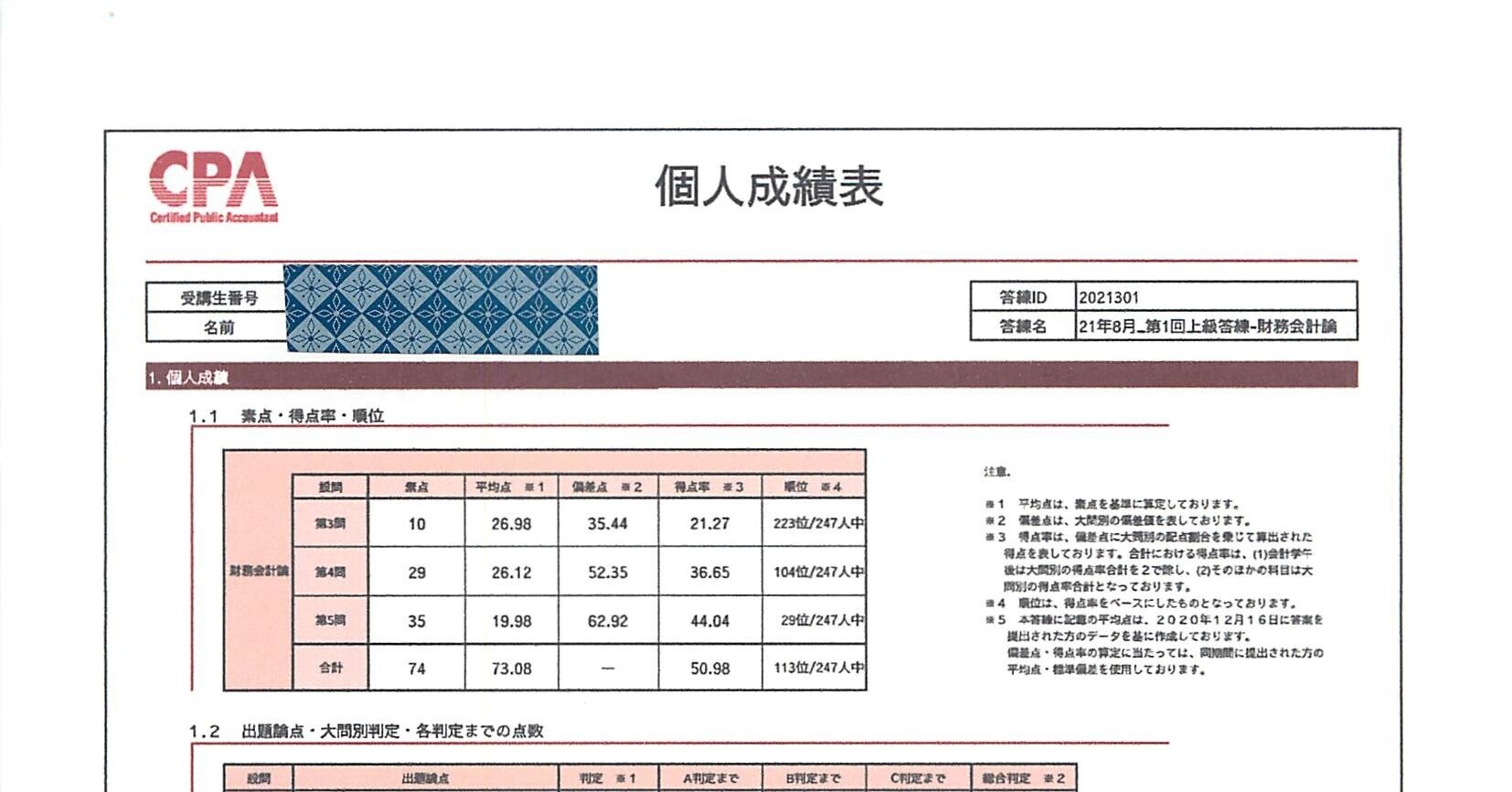 財務会計論】21年8月・第1回上級答練の答案が返却されました