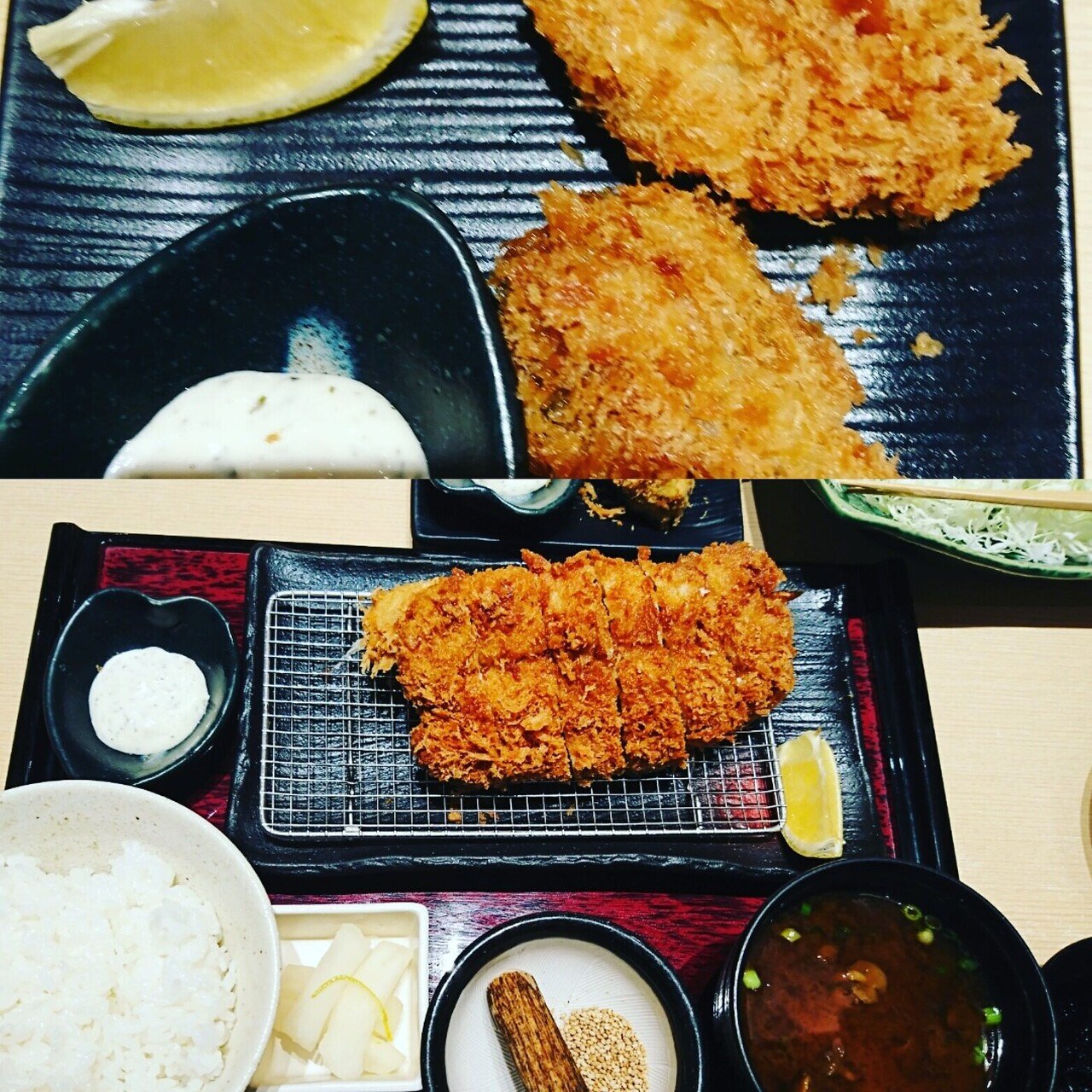とんかつ食べて 年越し 皆さま よいお年をお迎え下さい 多摩市 聖蹟桜ヶ丘 さぼてん とんかつ エビフライ カキフライ キャベツの千切り 赤だし味噌汁 ご飯 タルタルソー Onozi Note
