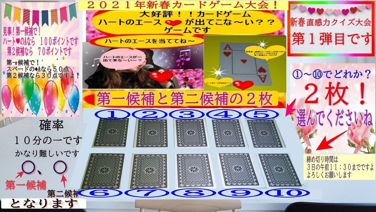 カードゲーム遊びで 題して ハートのエースが出てこな い 下にある10枚のカードの中からハートのエースを1枚を当ててみてください カードの 上に番号が振ってありますので 初めに第一候補 次に第二候補の あさだよしき こちら 情報局 笑顔 カードゲーム遊びで 題して ハートのエースが出てこな い 下にある10枚のカードの中からハートのエースを1枚を当ててみてください カードの 上に番号が振ってありますので 初めに第一候補 次に第二候補の あさだよしき こちら 情報局 笑顔