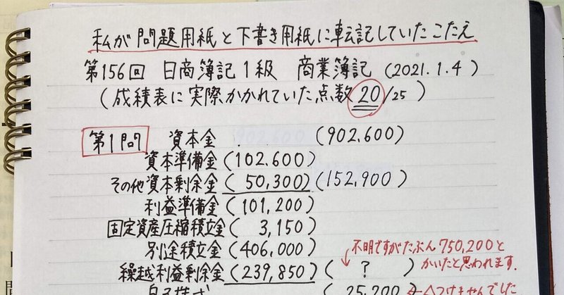 第156回日商簿記1級で 私が問題用紙と下書き用紙に転記していた答え 青井陽翔 Haruto Aoi Note