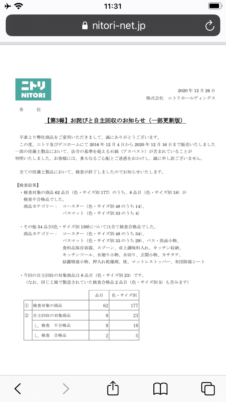 ニトリの珪藻土マットにアスベストが入っていた件 Che Bunbun Note