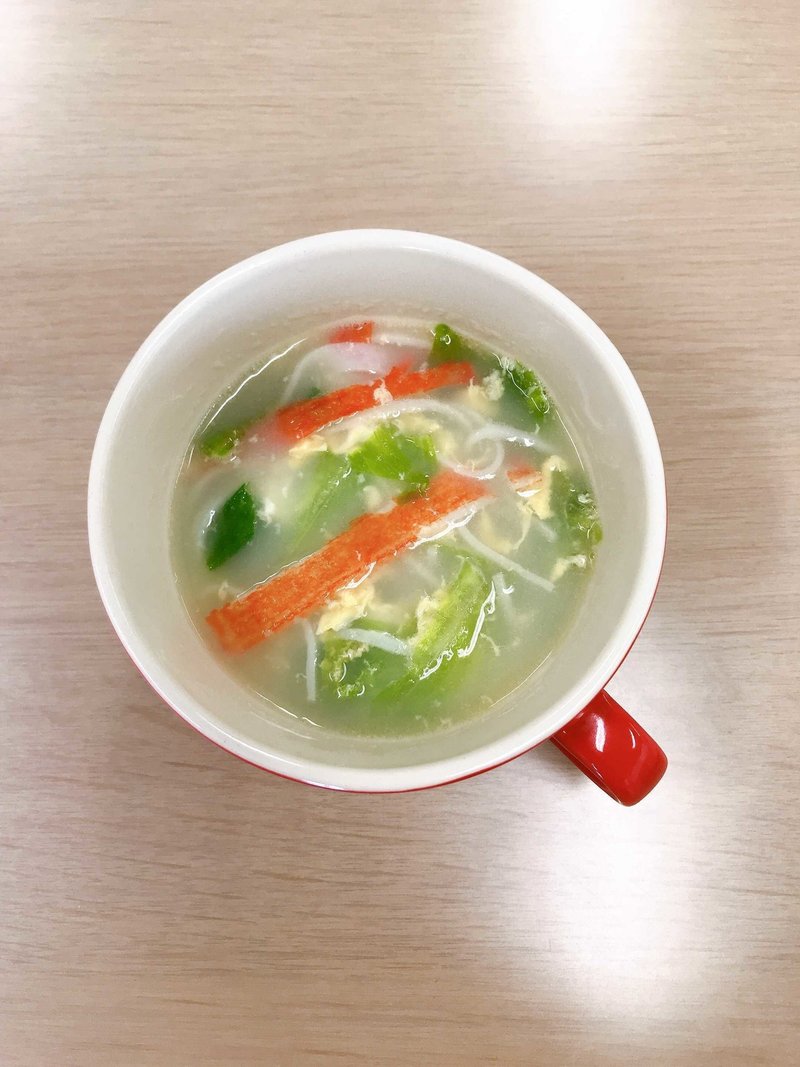 超洗い物が少ないレシピ レタスとカニかまぼこの中華スープ ひとつむぎ 木原ゼミ Note