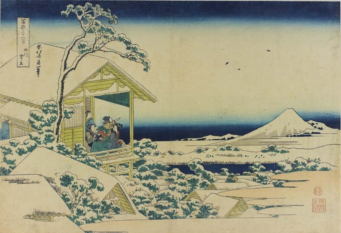 赤絵三段飾り　雪景色朝日 晴れた日の雪景色は青が基本、と、ちょっとだけ赤 ／ 北海道