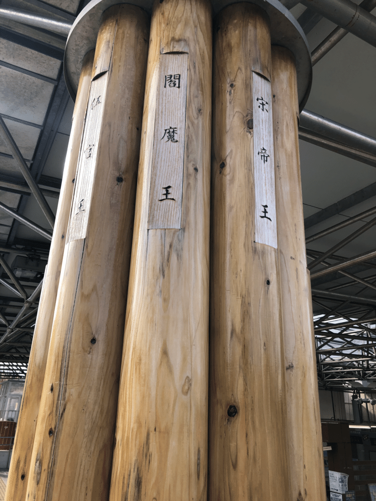 十王駅の、柱です。十王の名前がずらりと並んでいます。一枚目中央に位置するのは十王でも一番有名な閻魔王です。