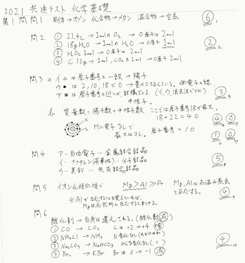 2021共通テスト化学基礎 解答解説速報 宮元一賢 Miyamol Note