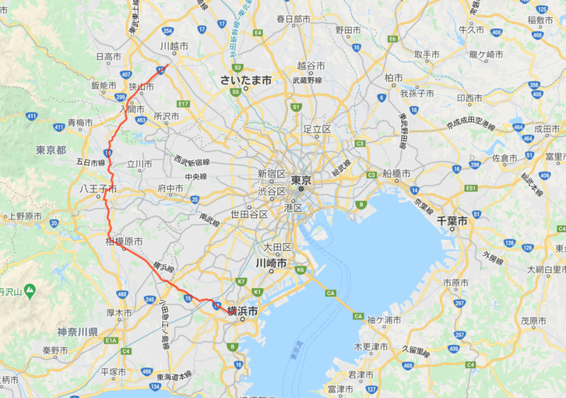 川越ー横浜地図