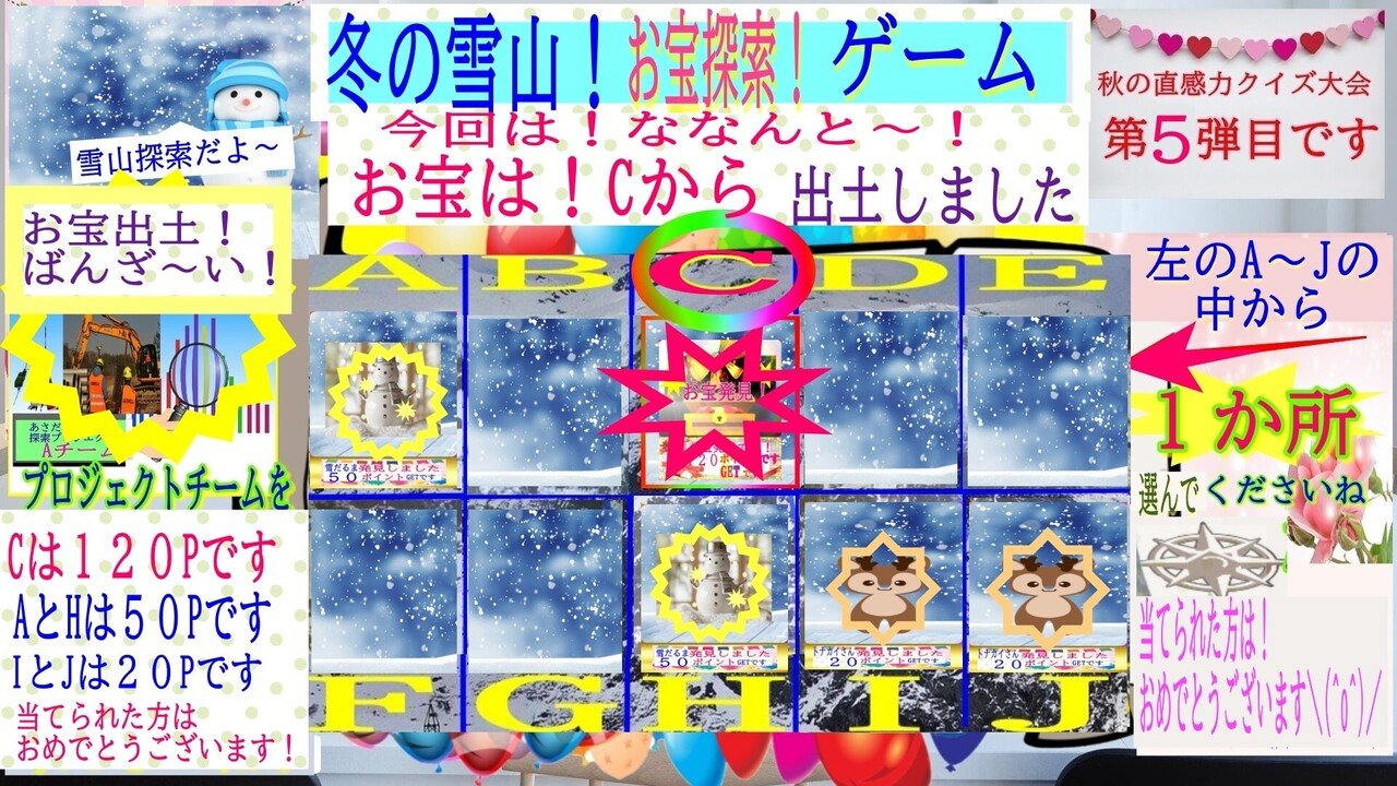 O こんにちは先日の 雪山 お宝さがし クイズの さぁ いよいよ 発表です ﾉ お宝は C から出土 しました ム難しい ですねなかなか まぁ まだまだこれからなので またよ あさだよしき こちら 情報局 笑顔 とアイデア好きです