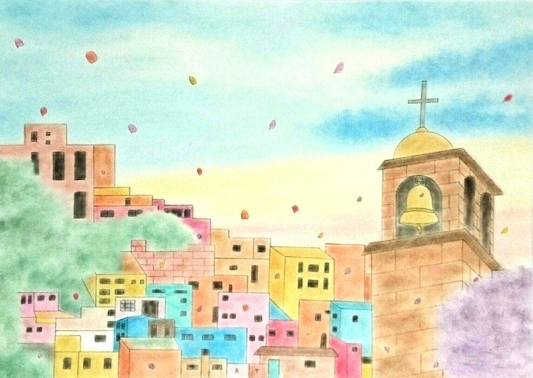 メキシコ・グアナファトのカラフルな街並みをモチーフに、春が訪れた朝のようなイメージで描きました。