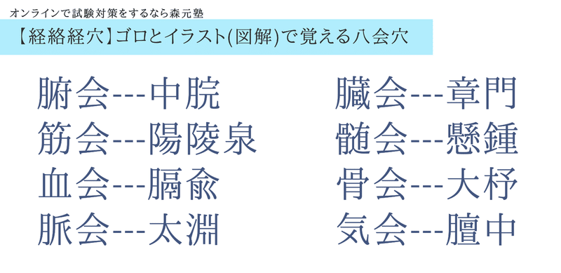 経絡経穴 図解イラストとゴロで簡単 八会穴 の覚え方 森元塾 国家試験対策 Note