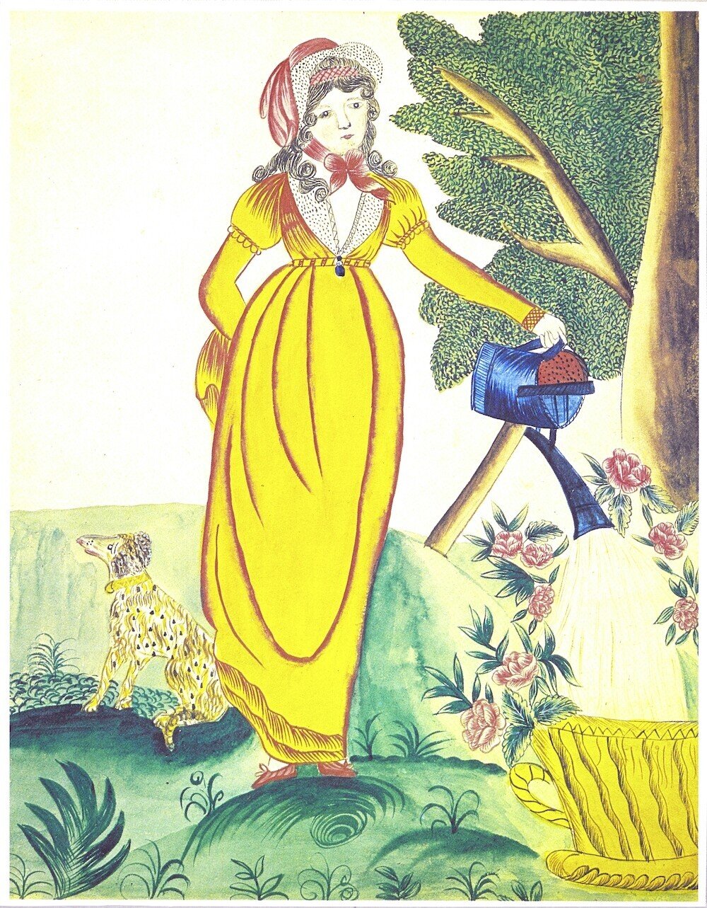 バラに水をまく黄色のドレスを着た女性　1830