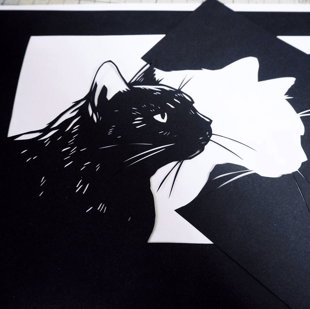 切り絵の一閑張り「猫」 Today's paper cutting: Black cat's tail 今日の切り絵 黒猫の