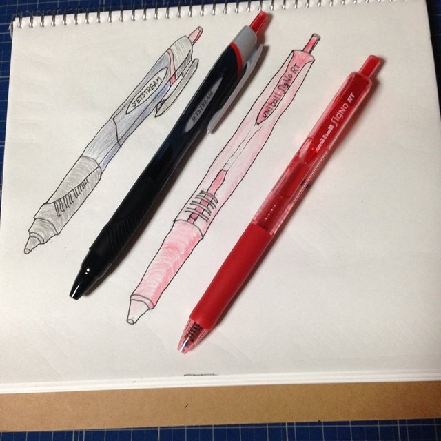 今日の釣果。添削用の赤ペン２本。JETSTREAMとSigNo。両方ともノック式。ただし、JETSTREAMは0.38mm。