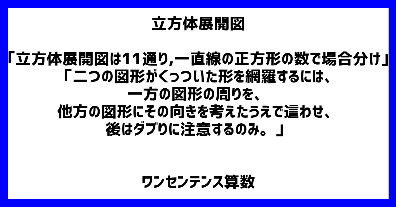 立方体展開図 立方体展開図は１１通り 一直線の正方形 の数で場合分け 二つの図形がくっついた形を網羅するには 一方の図形の周りを 他方の図形にその向きを考えたうえで這わせ 後はダブりに注意するのみ ワンセンテンス算数 Note