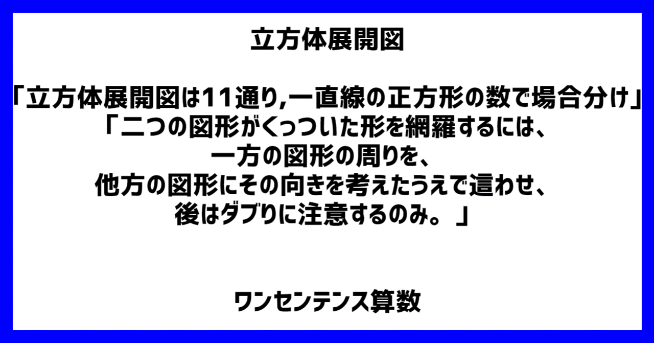 立方体展開図 立方体展開図は１１通り 一直線の正方形 の数で場合分け 二つの図形がくっついた形を網羅するには 一方の図形の周りを 他方の図形にその向きを考えたうえで這わせ 後はダブりに注意するのみ ワンセンテンス算数 Note