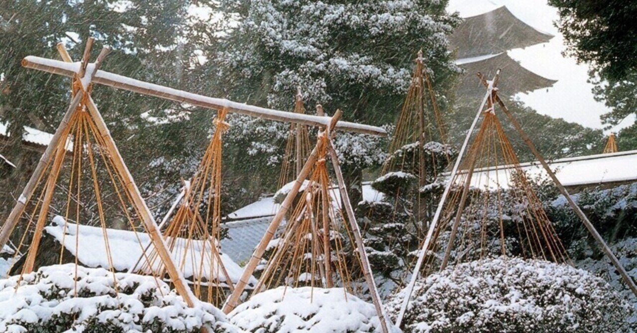 2月 雪吊りの円錐に似て仏舎利塔 石川県能登 妙成寺の庭の雪吊り 高田公理 Note