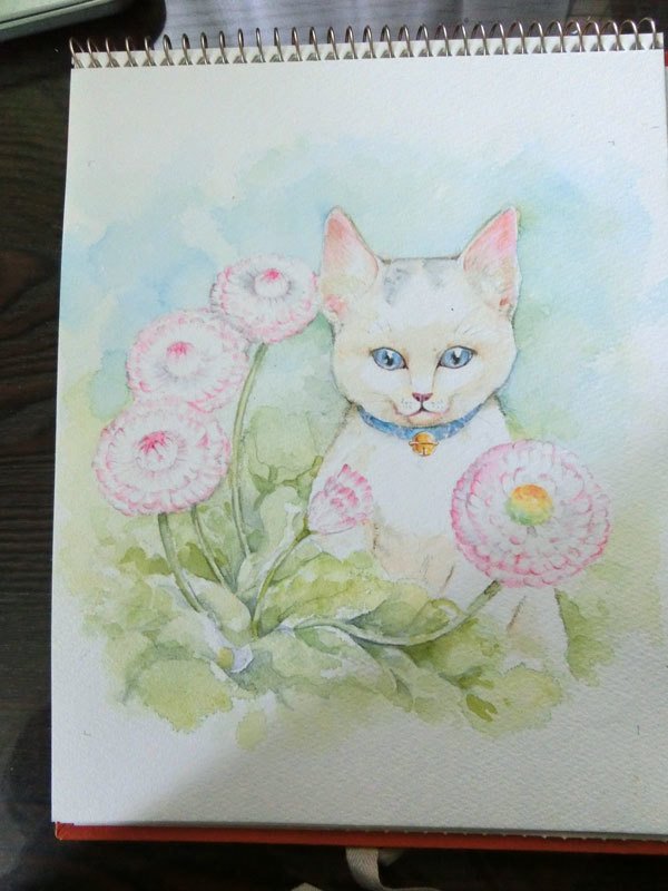 ひなげしとキトン・キャップのある子猫。ナンカ絵本の表紙みたいな感じ。