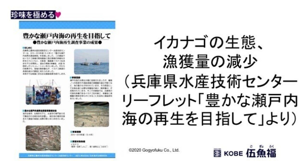 イカナゴの生態 漁獲量の減少 兵庫県水産技術センターリーフレット 豊かな瀬戸内海の再生を目指して より 山中勧 伍魚福社長 Note
