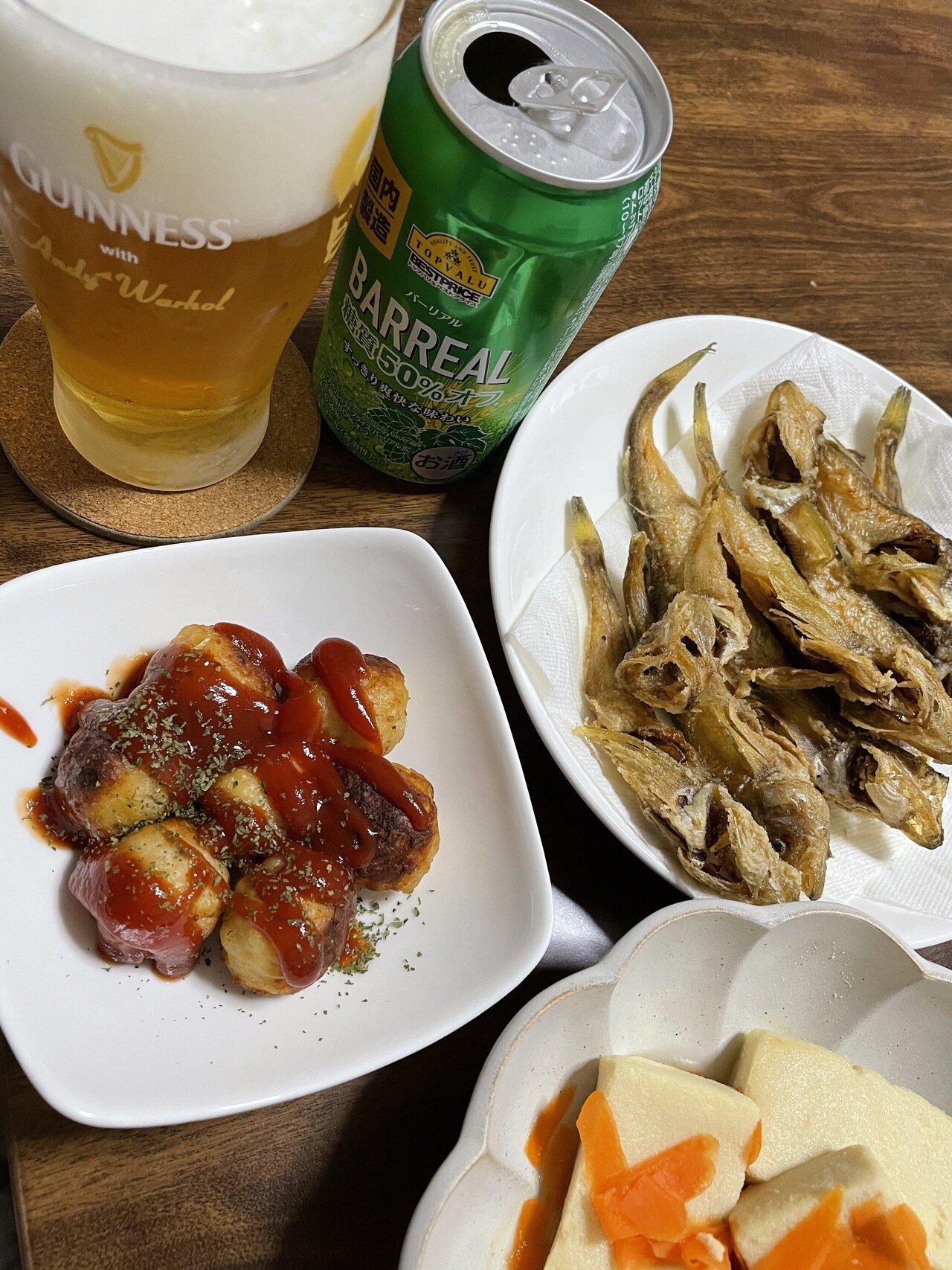 21 2 18今日は妻飯 ハタハタの唐揚げ 肉団子焼き 高野豆腐 発泡酒 今日たまりません乾杯 Nova Note
